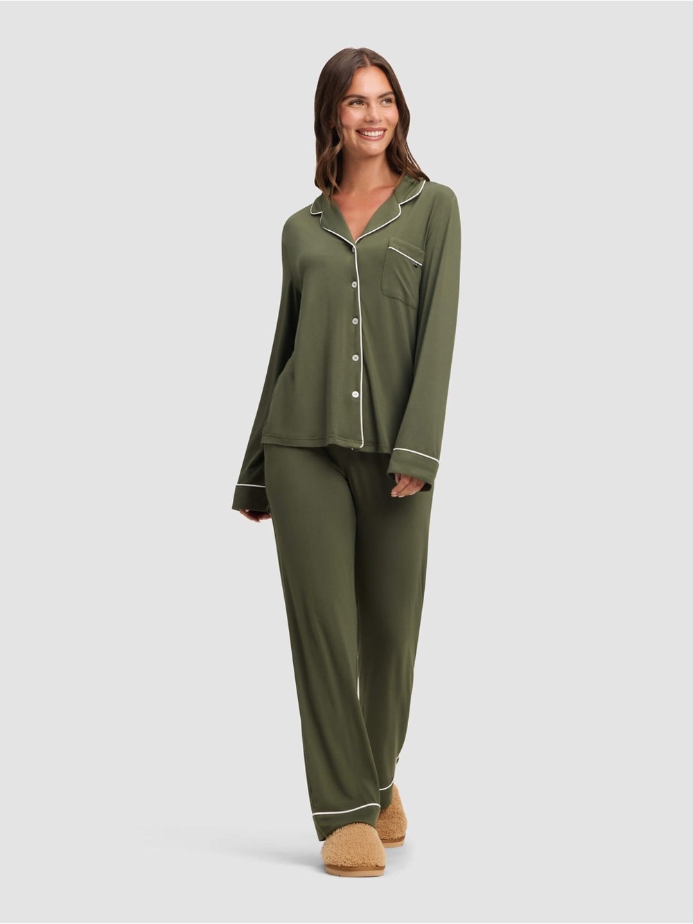 Cozy Earth Women's Bamboo Stretch-Knit Long Sleeve Pajama Set Olive Size Medium